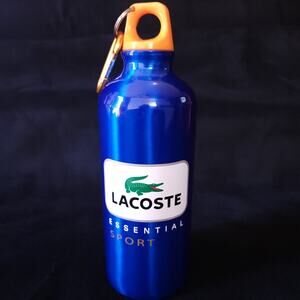 Lacoste Essential Sport Blue Metal Water Bottle Orange Carabiner Clip 8" Tall